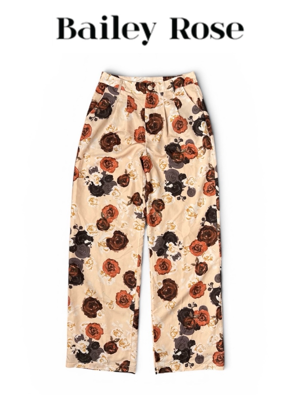 BAILEY ROSE FLORAL HIGH RISE WIDE LEG TROUSER PANTS CREAM BROWN ROSES SIZE MED